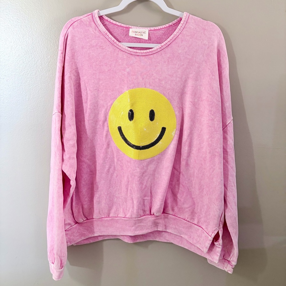 Fantastic Fawn Pink Acid Wash Sequin Smiley Face Pullover Sweatshirt L